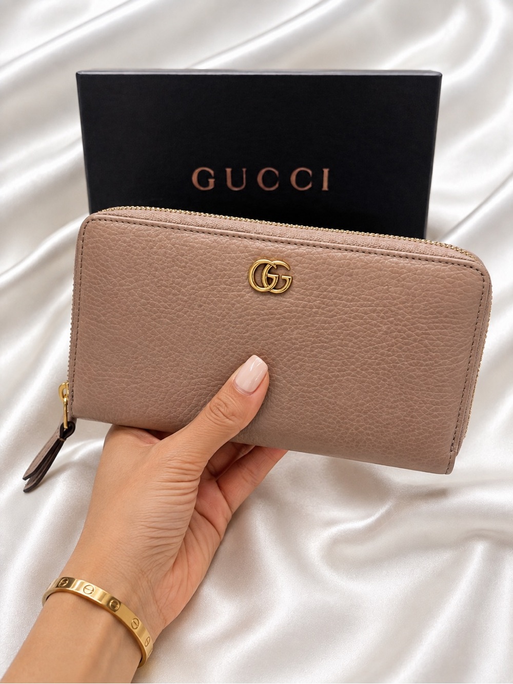 Gucci GG Marmont Zip Around Wallet –Beige Pebbled Leather-W/ COA & box